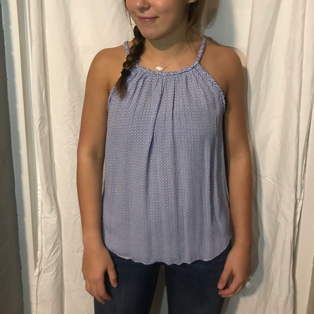 Blue & white patterned tank top w/braided straps